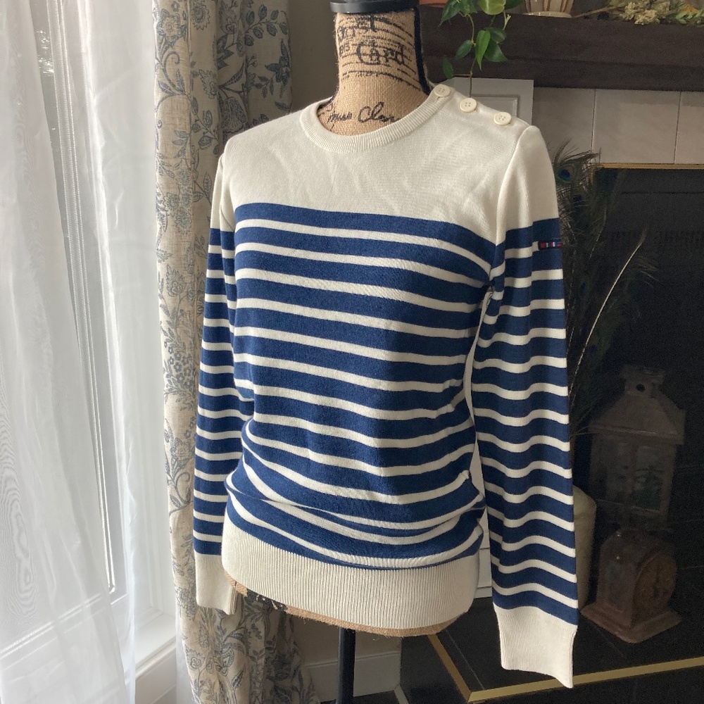 Batela Sea Style Breton Striped Nautical Shirt With Anchor Buttons Wool Blend